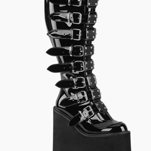Black Platform Buckle Boots Demonia Wide calf - Picture 1 of 7